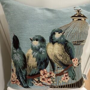 Westex Throw Pillow 18x18 Blue Birds Birdcage Floral Tapestry Cotton Cover